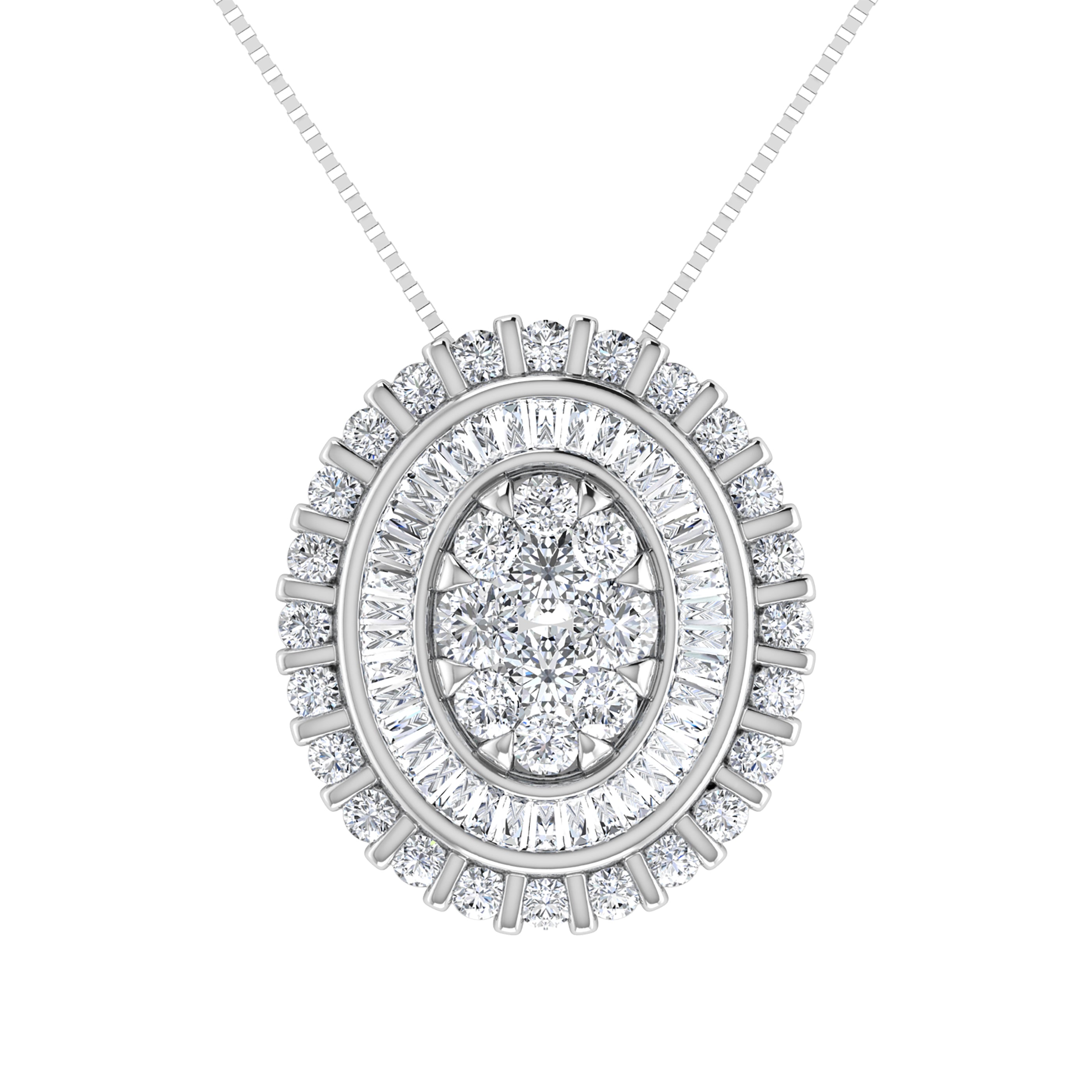 14K White Gold 3/4.Tw. Round and Tapper Diamond Invisible Oval Shape Pendant Pendant