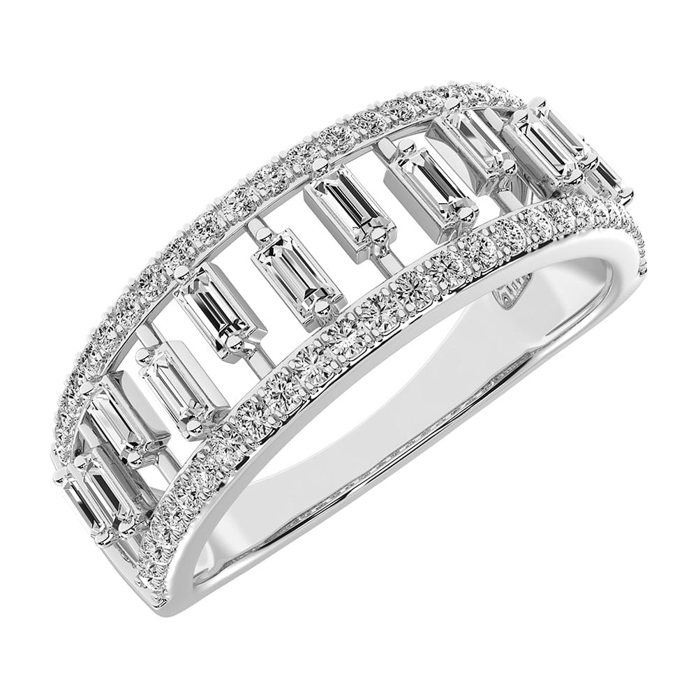 14K White Gold 1/3 Ct.Tw. Diamond Round and Baguette Set Fashion Band