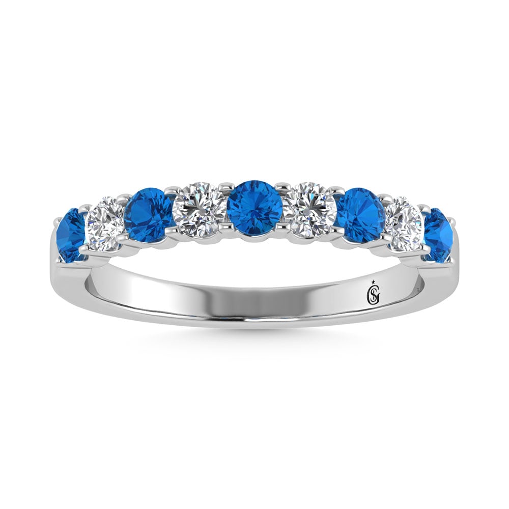 14K White Gold Machine Set Alternate Blue Sapphire and Diamond 5/8 Ct.Tw. Band