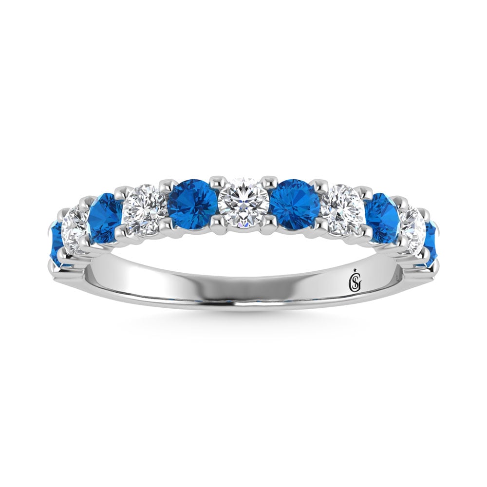 14K White Gold Machine Set Alternate Blue Sapphire and Diamond 1/2 Ct.Tw. Band