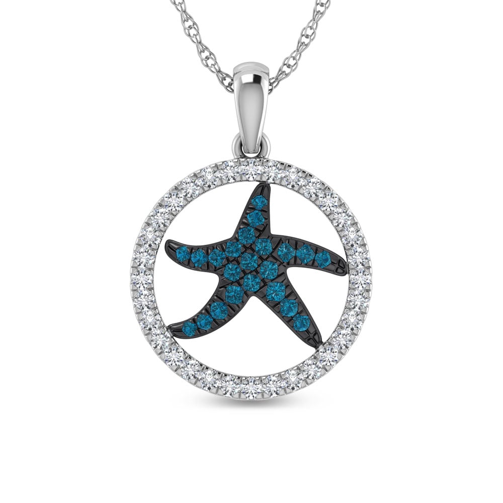 14K White Gold Diamond 1/2 Ct.Tw. And Blue Sapphire Starfish Pendant