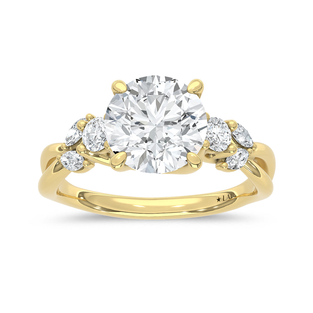 14K Yellow Gold Lab Grown Diamond Engagement Ring Center Round 2.00 Ct Marquise And Round 2.33 Ctw