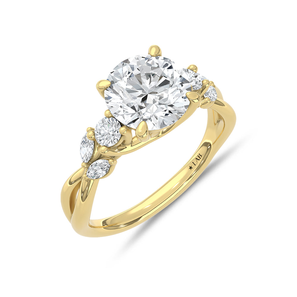 14K Yellow Gold Lab Grown Diamond Engagement Ring Center Round 2.00 Ct Marquise And Round 2.33 Ctw
