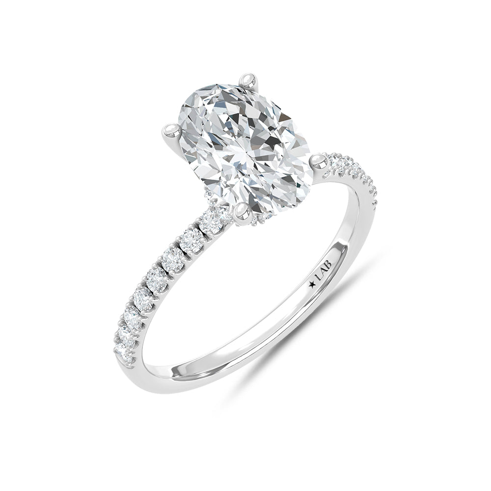 14K White Gold Lab Grown Oval Diamond 2.33 Carat Engagement Ring Hidden Halo