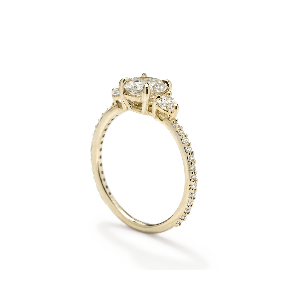 18K Gold Customizable Round Diamond 3 Diamond Pave Ring